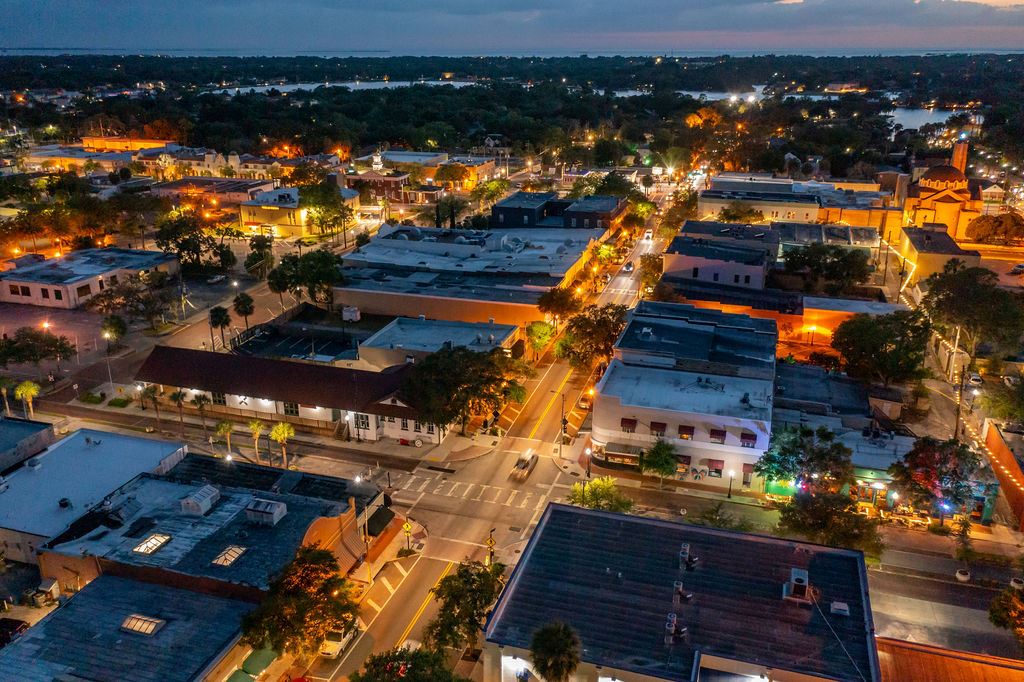Drone image of downtown building at night